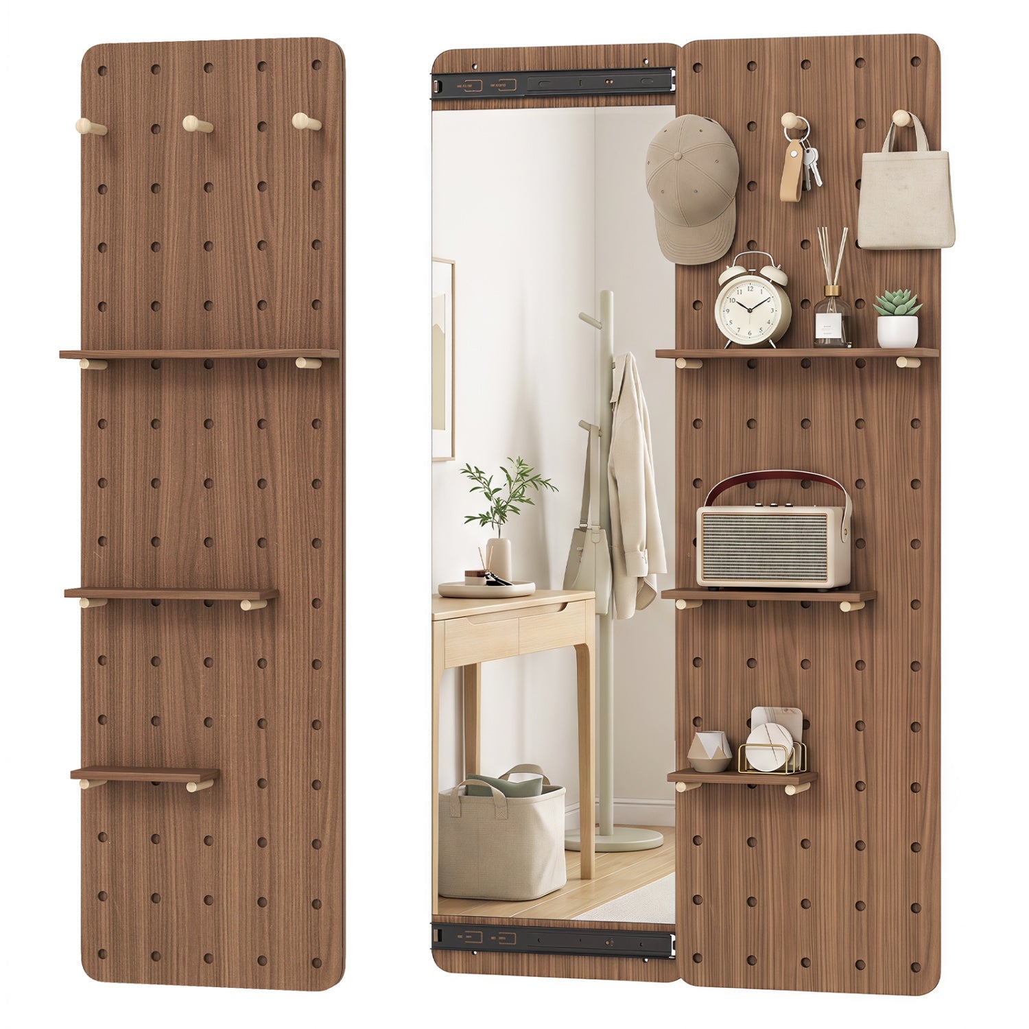 Full length wall mirror with sliding pegboard shelves wood walnut, DirectDeals on Tampa Home & Garden Store