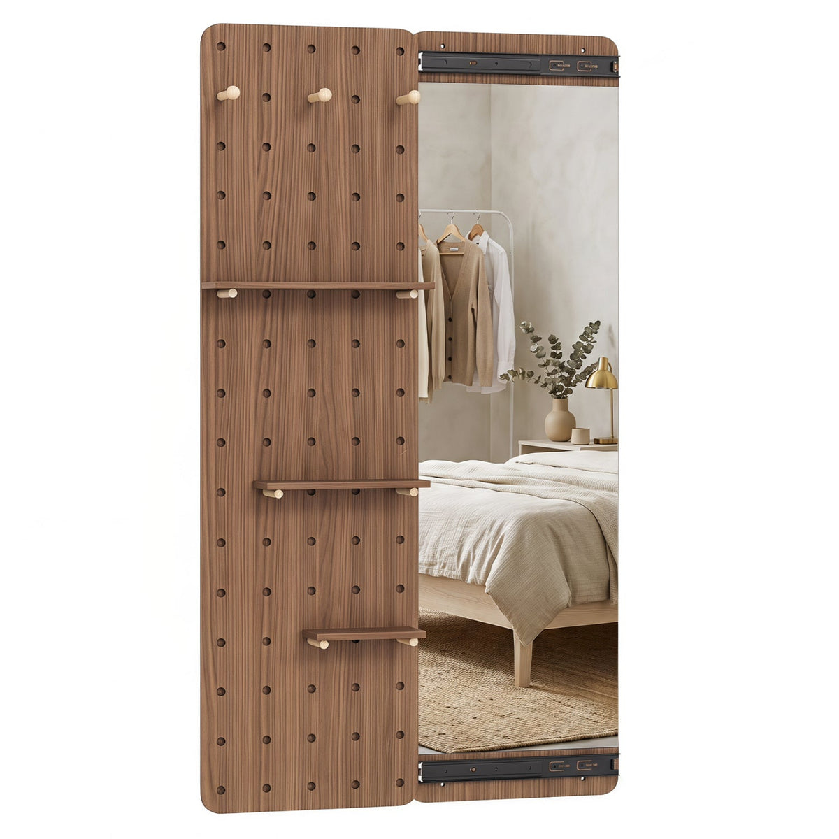 Full-length wall mirror with sliding pegboard panels and wooden shelves by DirectDeals on Tampa Home & Garden Store