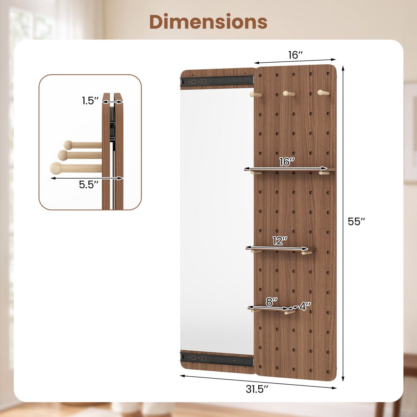 DirectDeals full-length wall mirror with sliding pegboard; wood panel, 55in tall by 31.5in wide on Tampa Home & Garden Store