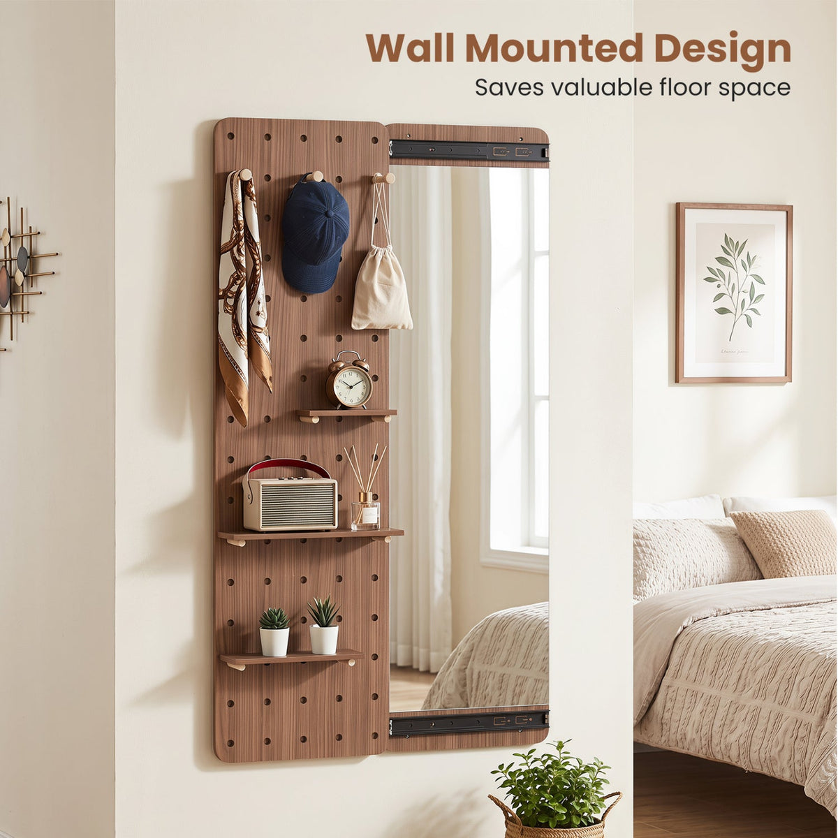 DirectDeals full-length wall mirror with sliding pegboard and shelves on wood panel clock on Tampa Home & Garden Store