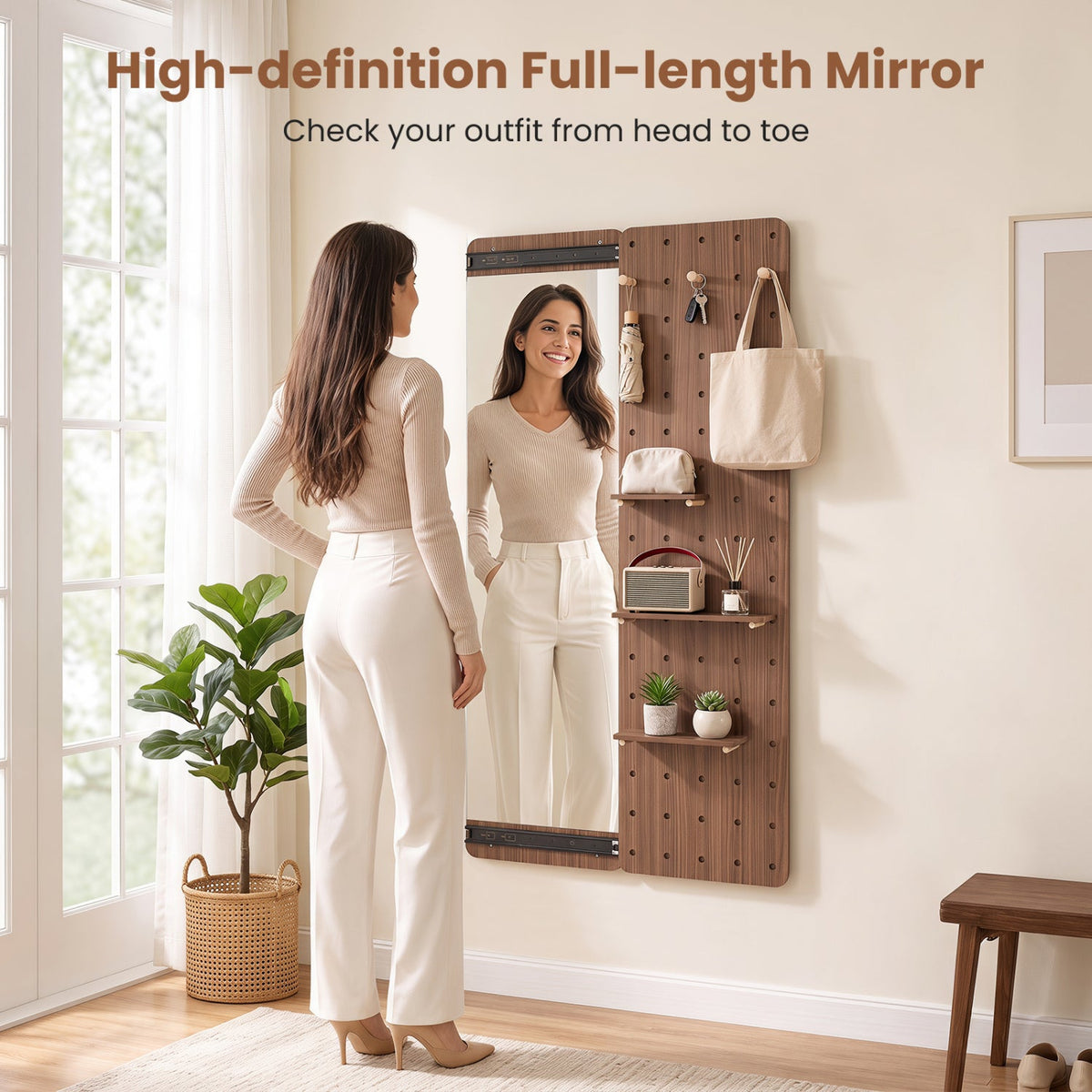 Full-length wall mirror with sliding pegboard and shelves by DirectDeals on wood panel with hooks on Tampa Home & Garden Store