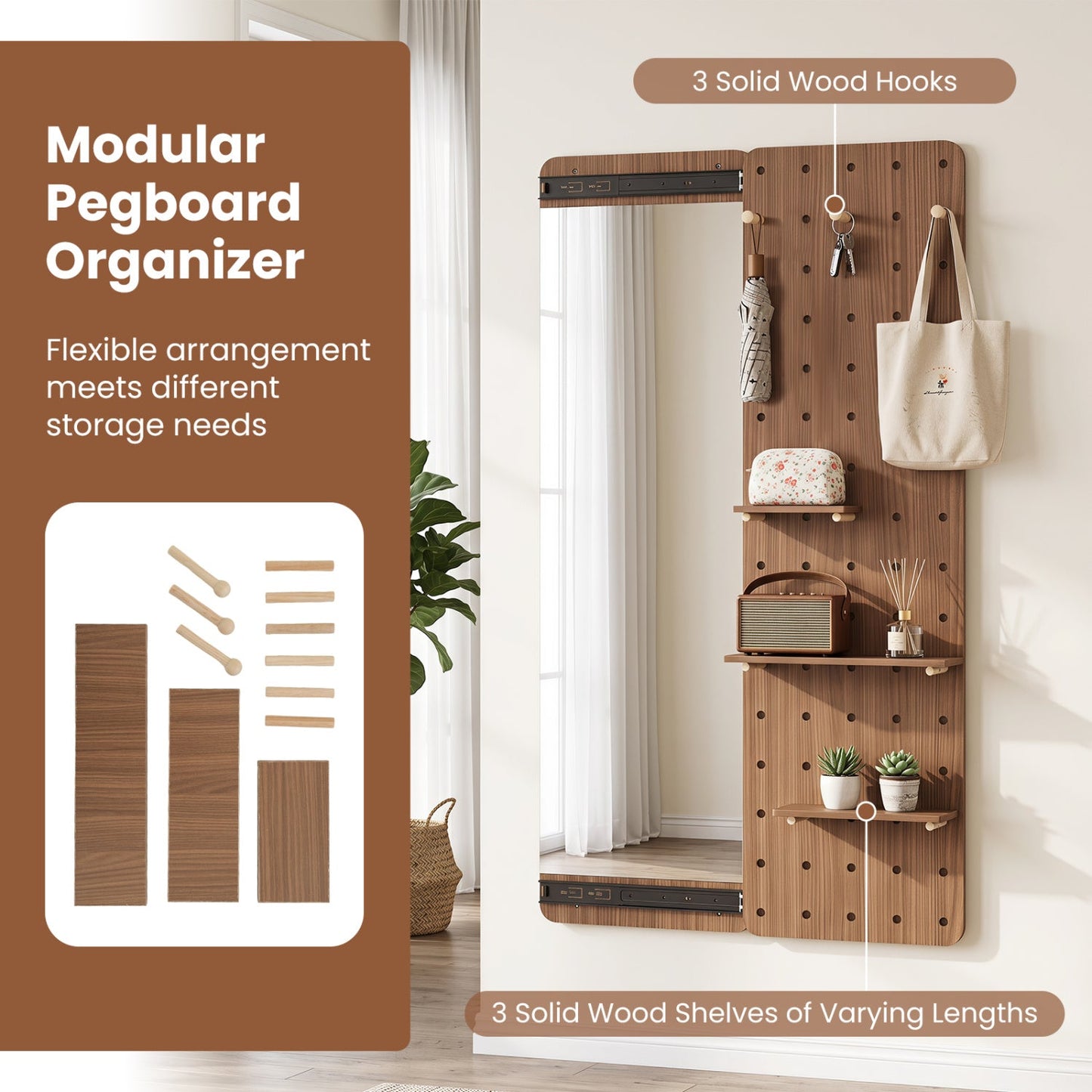 Full Length Wall Mirror with Sliding Pegboard & Shelves by DirectDeals with 3 hooks on Tampa Home & Garden Store