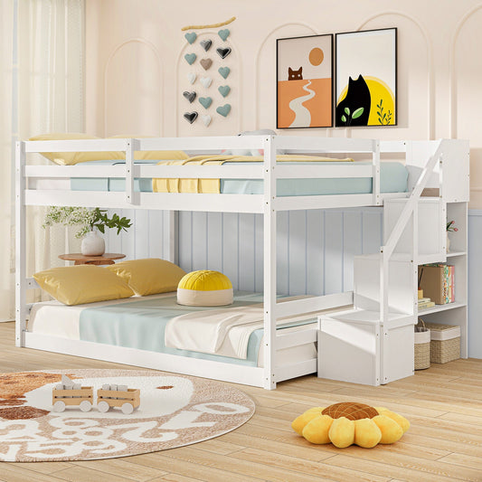 Solid Wood Full Over Full Low Bunk Bed with Storage Stairs-White - Tampa Home & Garden Store