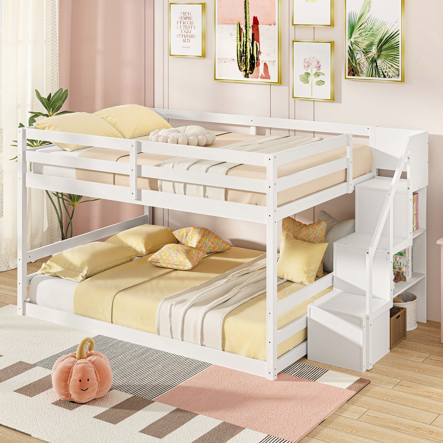 Litera doble de madera maciza, baja, con escaleras de almacenamiento - Blanco