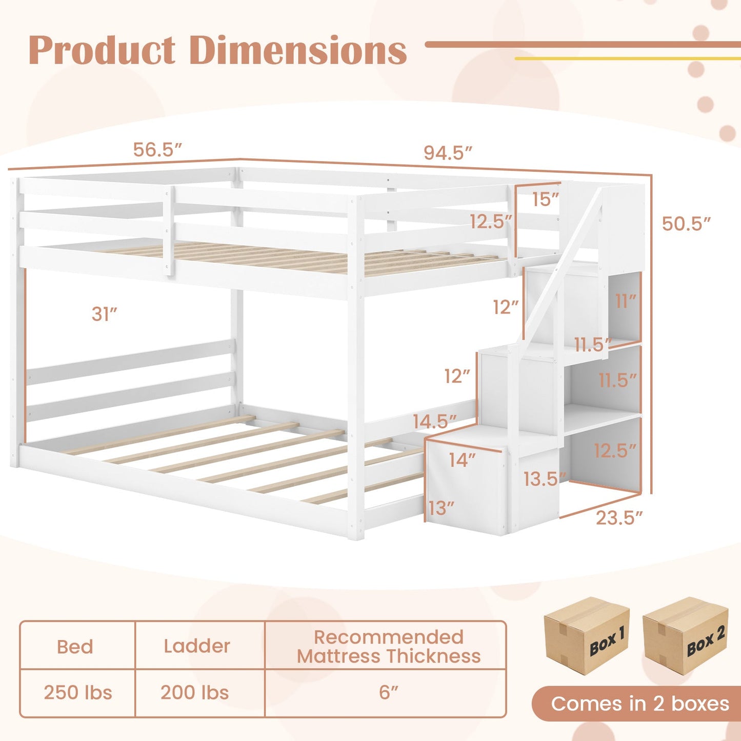 Litera doble de madera maciza, baja, con escaleras de almacenamiento - Blanco