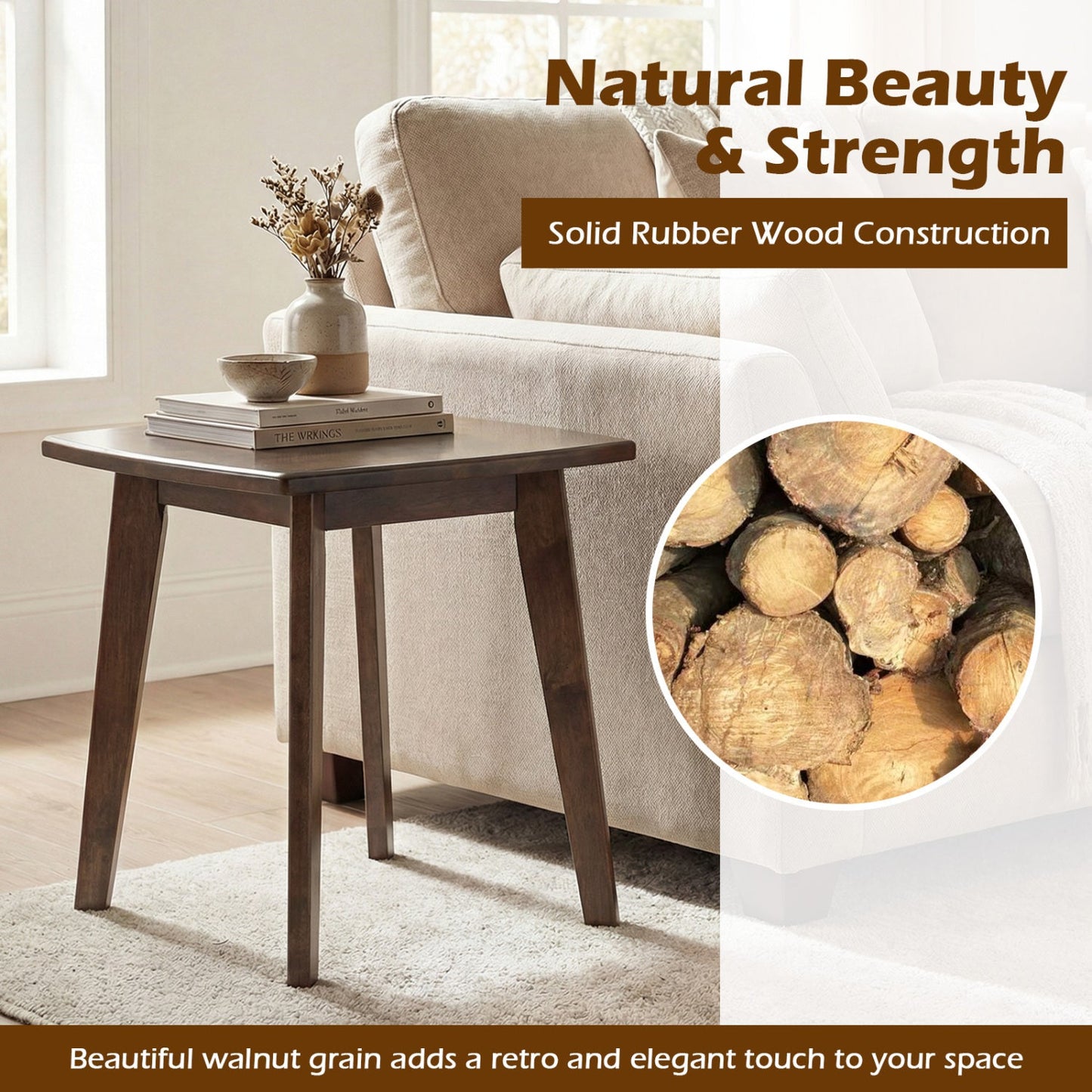 Solid Wood Square End Table with Thick Curved Top