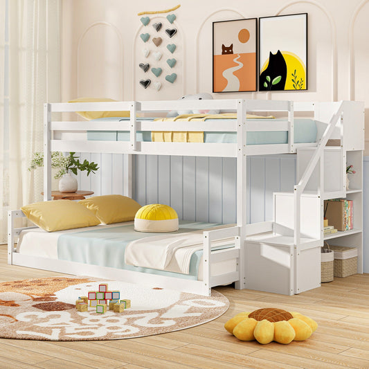 Solid Wood Twin Over Full Low Bunk Bed with Storage Stairs-White - Tampa Home & Garden Store