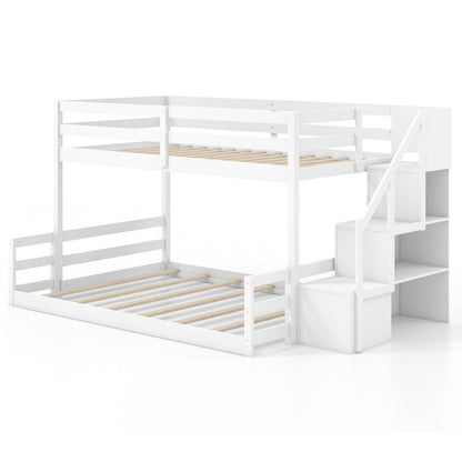 Litera baja doble sobre matrimonial de madera maciza con escalera de almacenamiento - Blanca