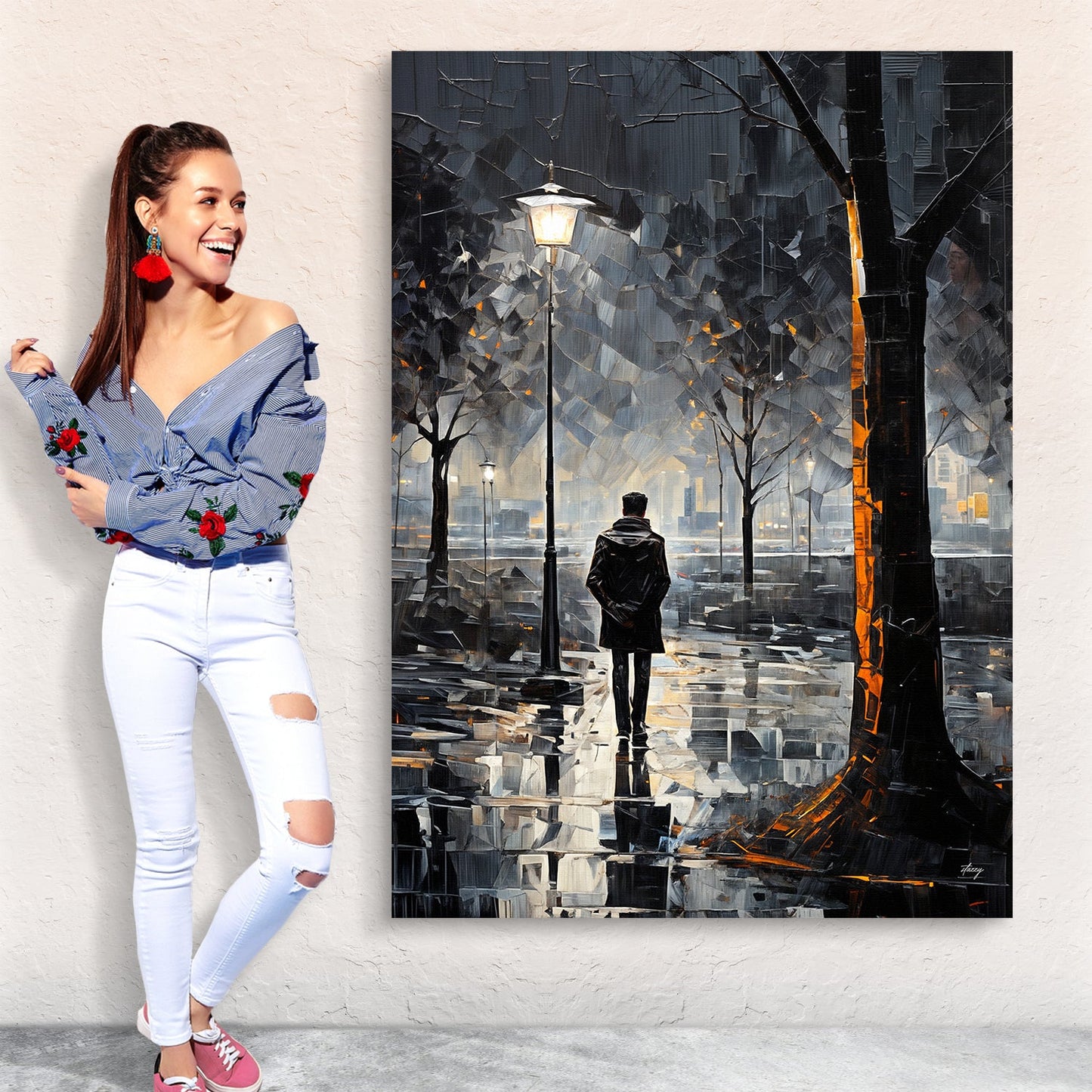 Canvas Print: Solitary Reflection Tailored Canvases, moody urban nightscape with lamp glow on Tampa Home & Garden Store