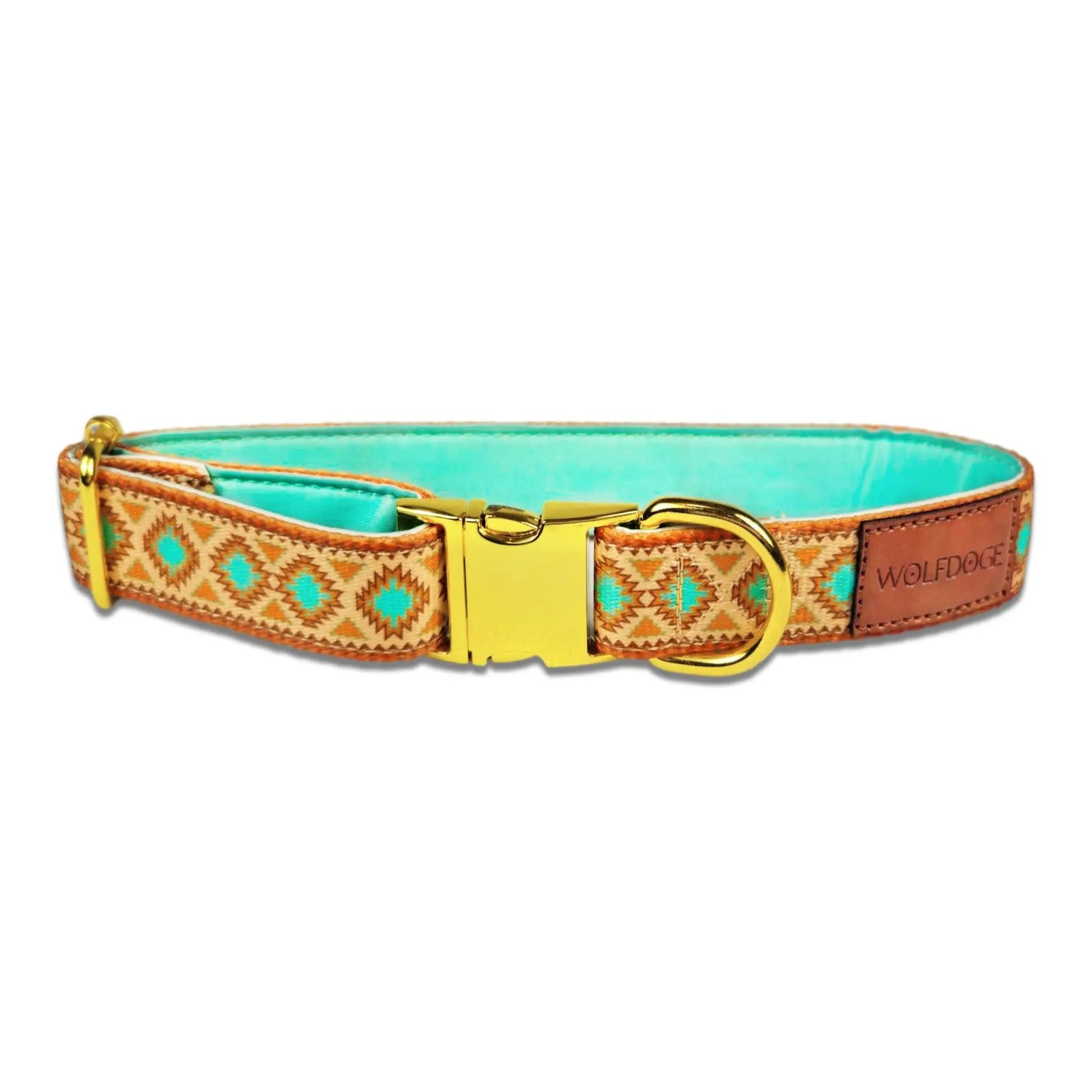 Southwest Spirit Collar for Dogs by WOLFDOGE with turquoise interior, gold buckle on Tampa Home & Garden Store