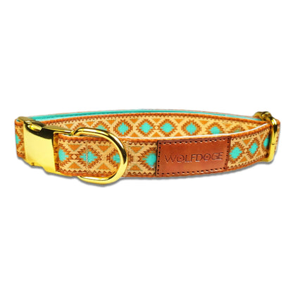 Southwest Spirit Collar for Dogs Turquoise geometric pattern, gold hardware, Wolfdoge branding on Tampa Home & Garden Store