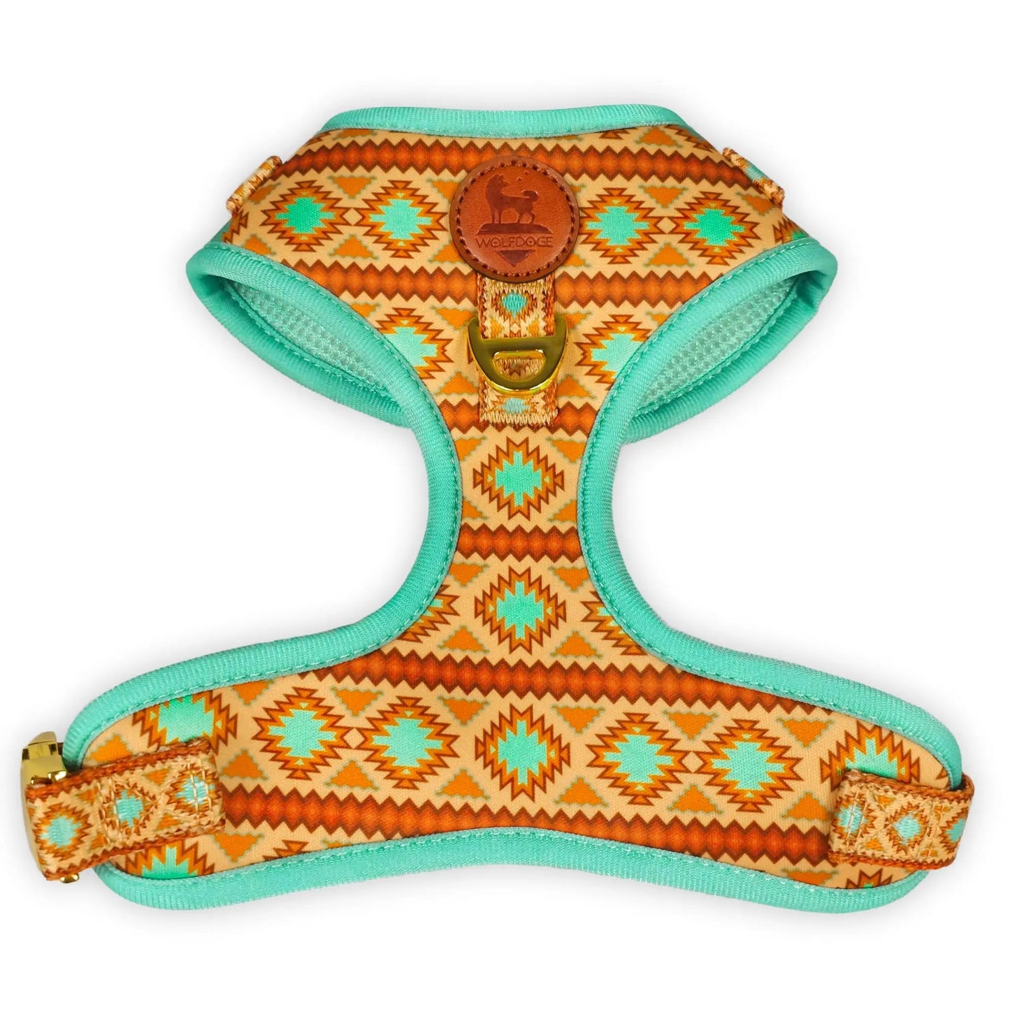 Southwest Spirit Harness with turquoise geometric pattern, teal edging, WOLFDOGE logo badge on Tampa Home & Garden Store
