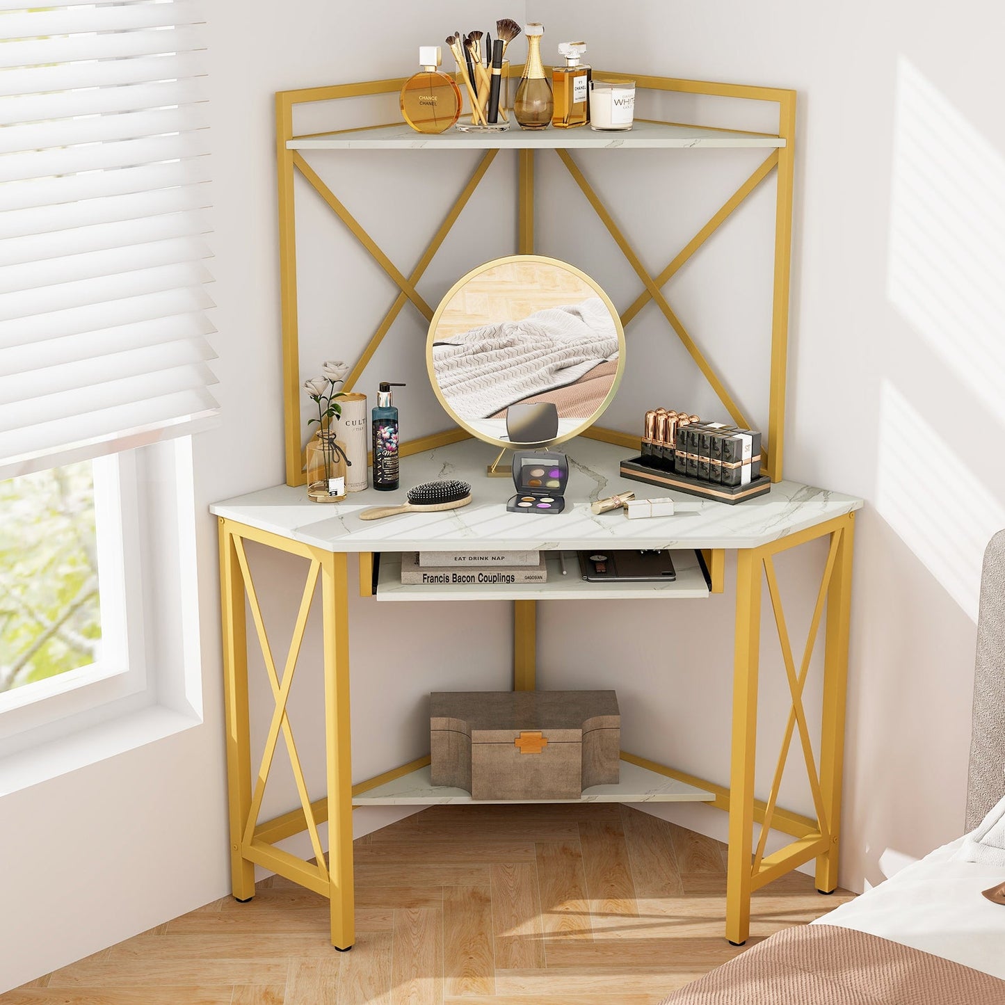 Space-Saving Corner Computer Desk with with Hutch and Keyboard Tray-Rust Brown