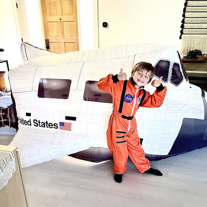 AirFort Space Shuttle inflatable kids play fort white with cockpit windows NASA patches on orange spacesuit on Tampa Home & Garden Store