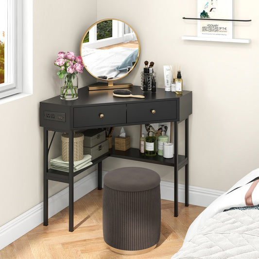 Triangle Corner Desk with Charging Station with 2 Drawers and Storage Shelf-Black - Tampa Home & Garden Store
