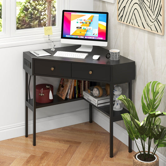 Triangle Corner Desk with Charging Station with 2 Drawers and Storage Shelf-Black - Tampa Home & Garden Store