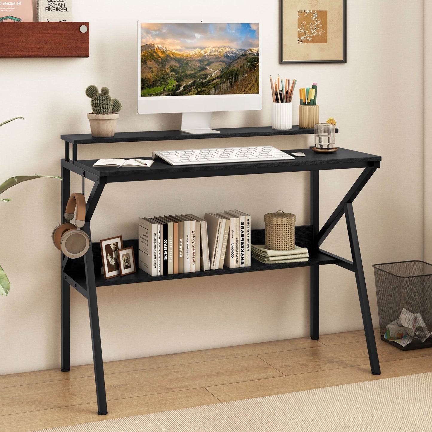Space Saving Computer Desk with Monitor Stand and Extra Storage Shelf for Work Study