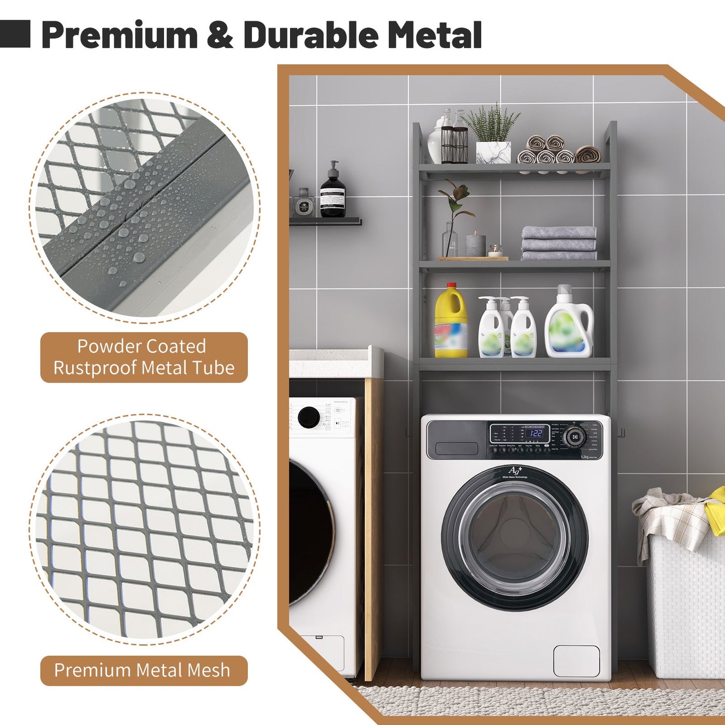 Estantería para el baño sobre el inodoro que ahorra espacio, organizador de metal con ganchos, gris