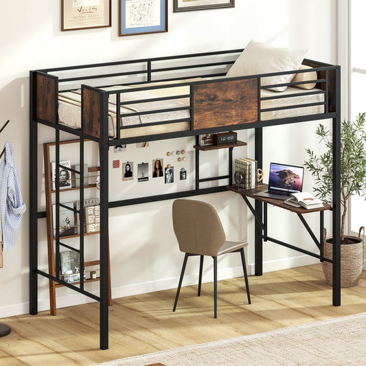 Space-Saving Twin Loft Bed with Safety Guardrail and Ladder-Coffee - Tampa Home & Garden Store