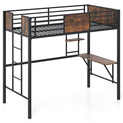 Space-Saving Twin Loft Bed with Safety Guardrail and Ladder-Coffee