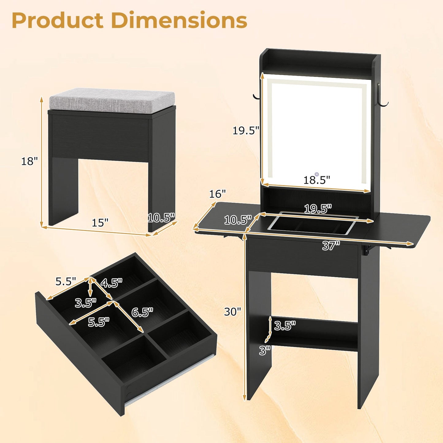 Space-saving Vanity Desk with Mirror and Lights for Bedroom