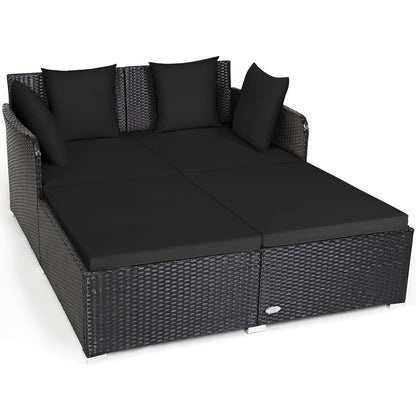 Tumbona de ratán espaciosa para exteriores con cojines y almohadas tapizados - Gris