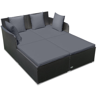 Tumbona de ratán espaciosa para exteriores con cojines y almohadas tapizados - Gris