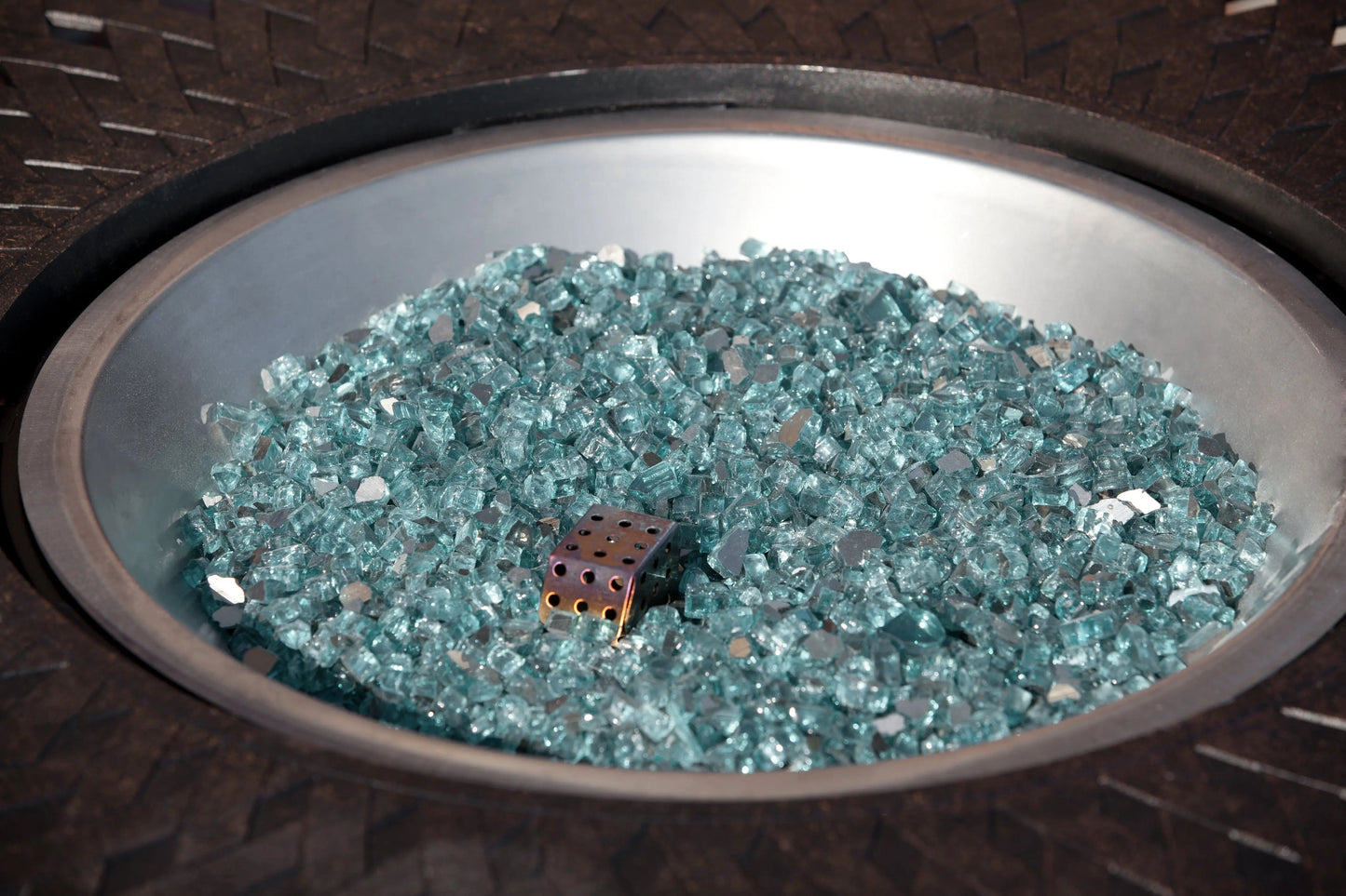 Bahama Blue Reflective Fire Glass teal glass chips for fireplaces with metal burner grid on Tampa Home & Garden Store