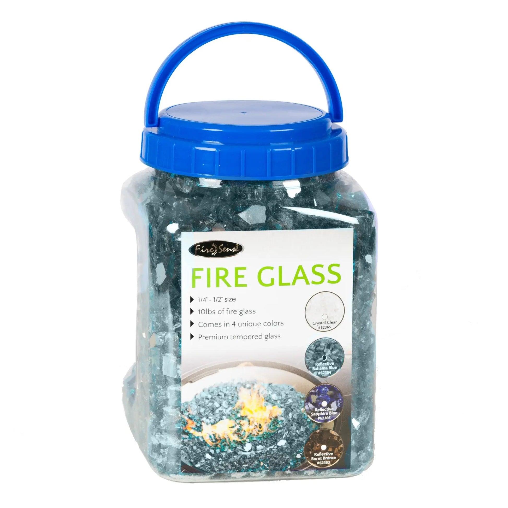Bahama Blue reflective fire glass in jar with blue screw-cap lid, Fire Sense label on Tampa Home & Garden Store