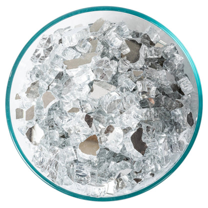Crystal Clear Reflective Fire Glass replacement pieces in a turquoise-rimmed bowl for fireplaces on Tampa Home & Garden Store