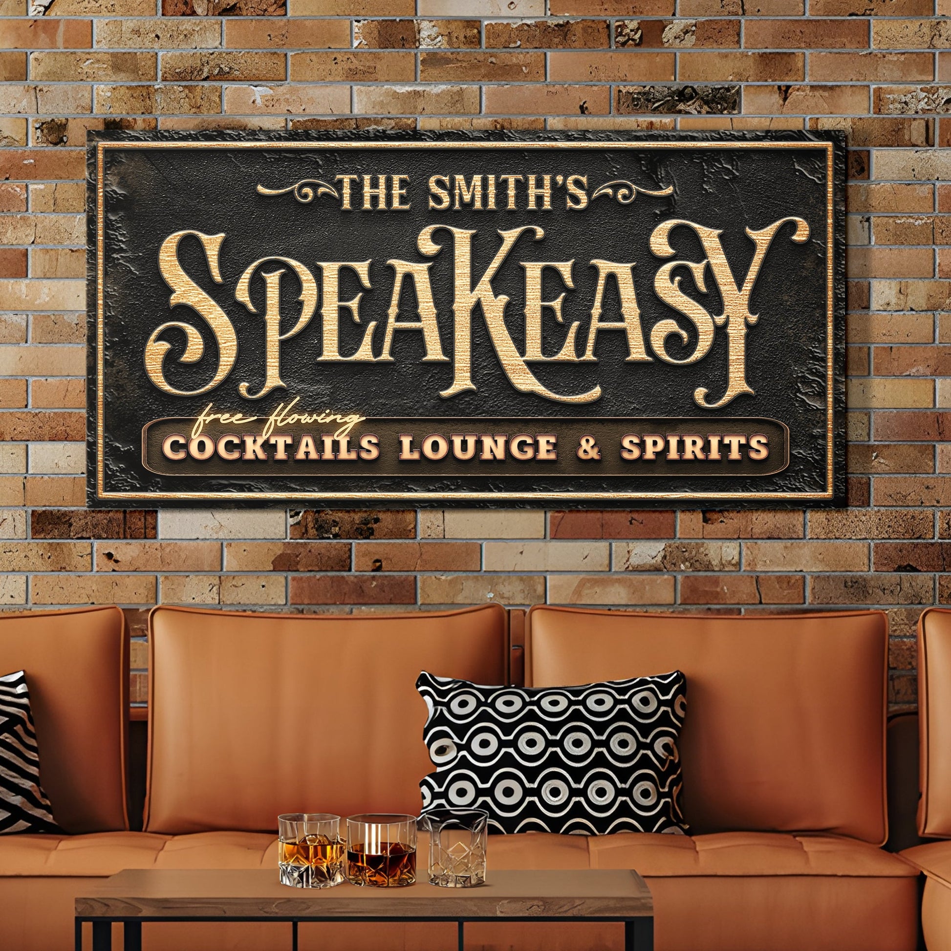 Speakeasy Bar Sign canvas with black textured plaque, gold lettering Tailored Canvases on Tampa Home & Garden Store