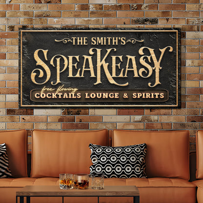 Speakeasy Bar Sign canvas with black textured plaque, gold lettering Tailored Canvases on Tampa Home & Garden Store