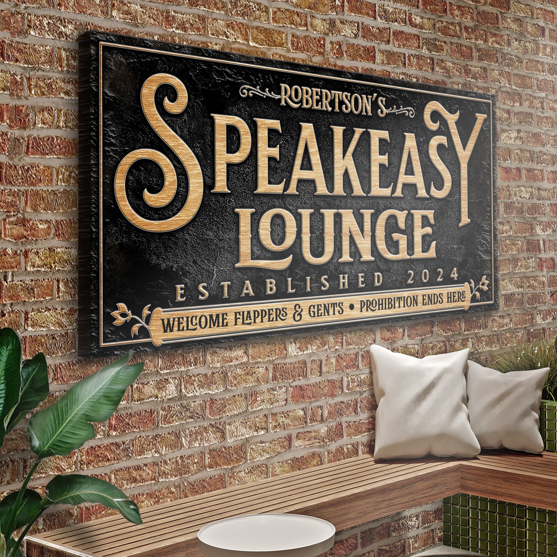 Speakeasy Personalized Bar Sign II canvas with black background and gold embossed lettering on Tampa Home & Garden Store