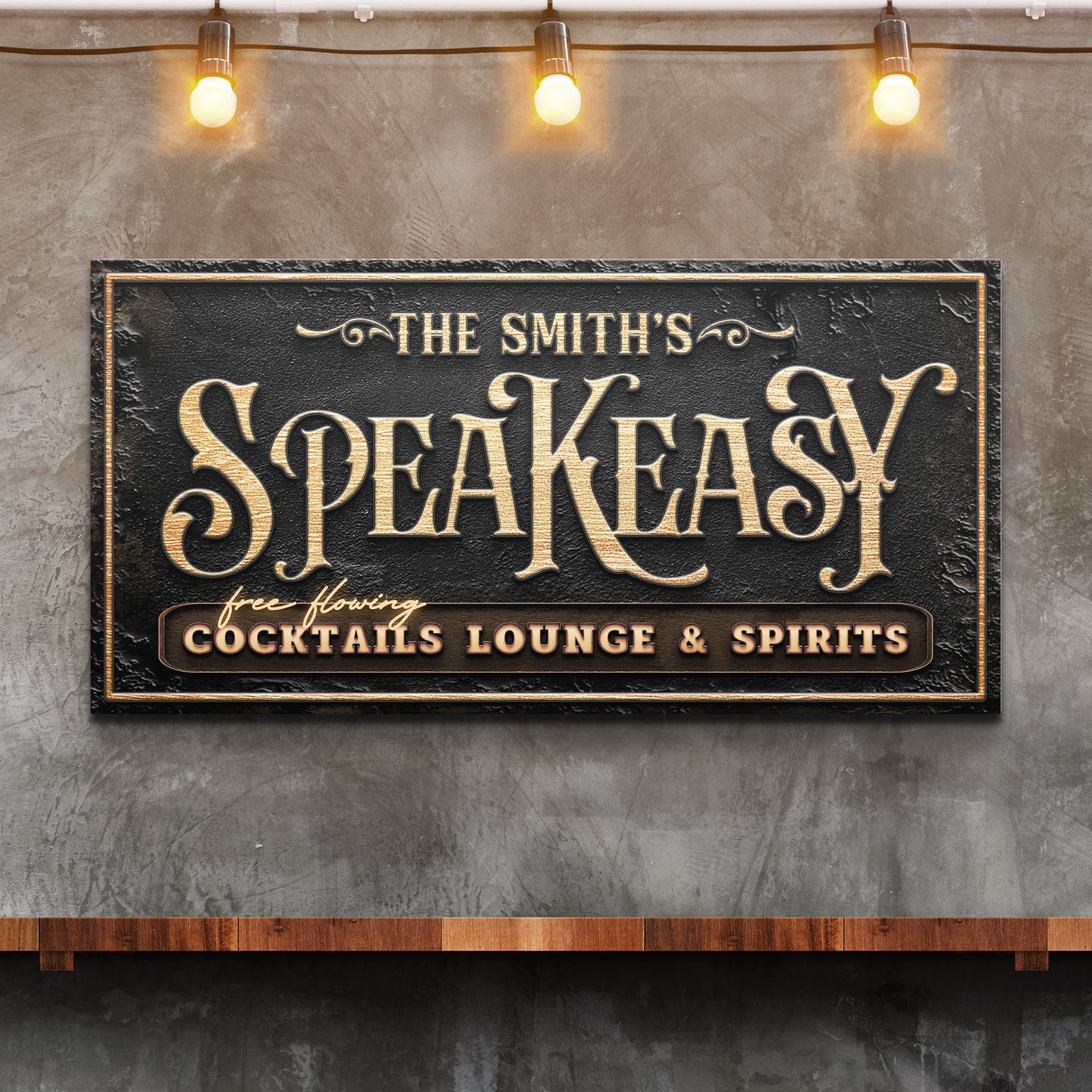 Speakeasy Bar Sign canvas with black textured plaque and gold lettering, copper frame on Tampa Home & Garden Store