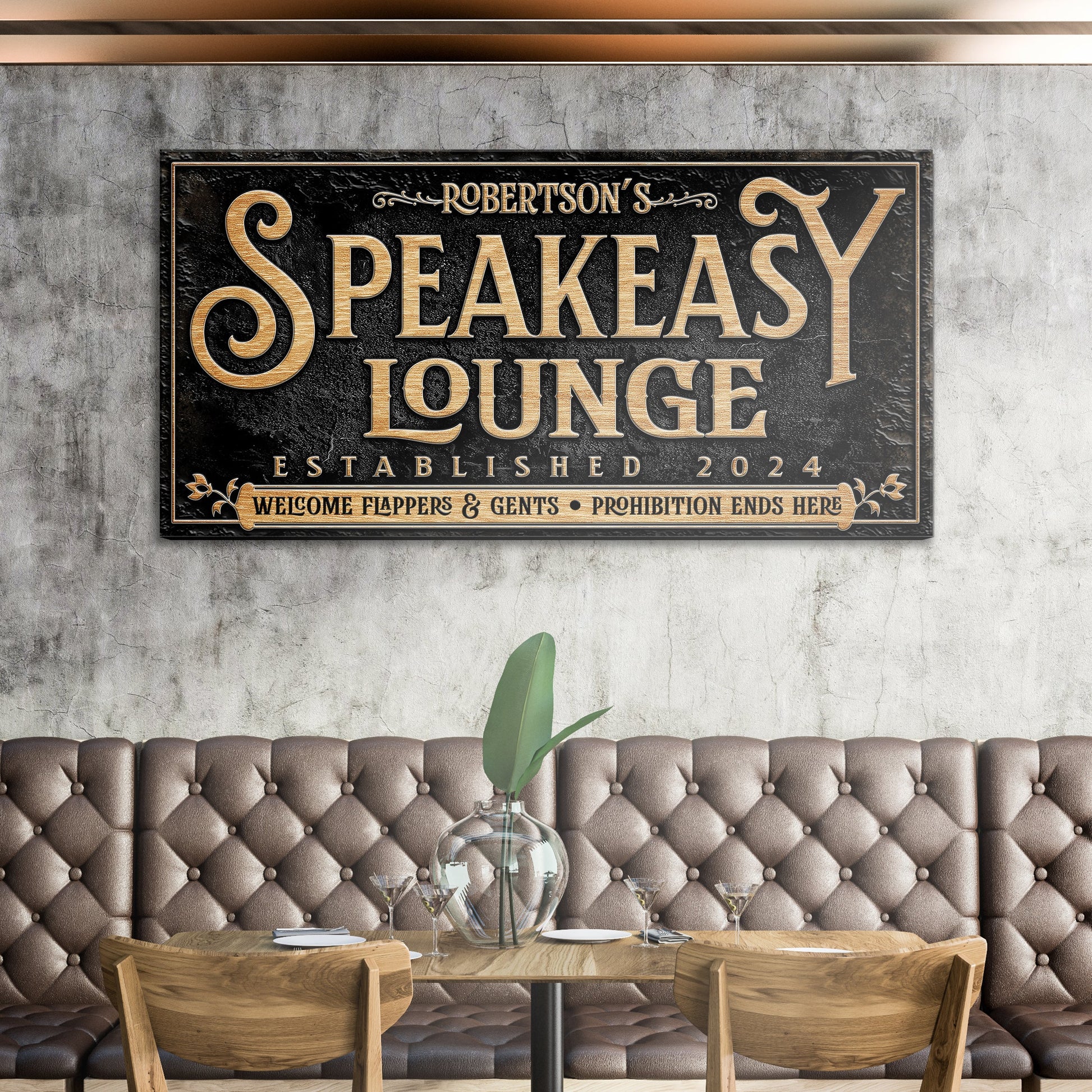 Speakeasy Personalized Bar Sign II canvas with black and gold lettering established 2024 on Tampa Home & Garden Store