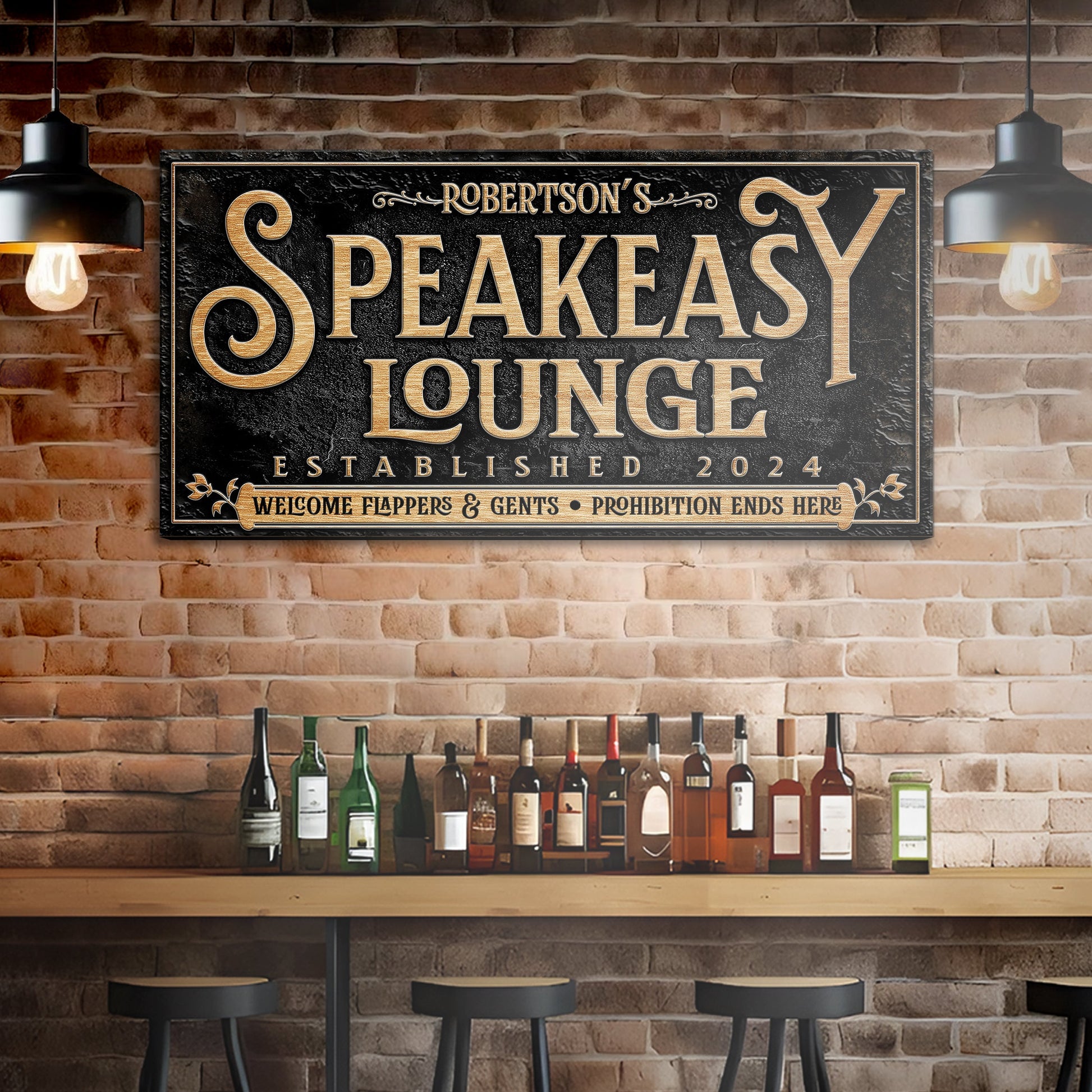 Speakeasy Personalized Bar Sign II canvas with gold lettering on black textured surface on Tampa Home & Garden Store
