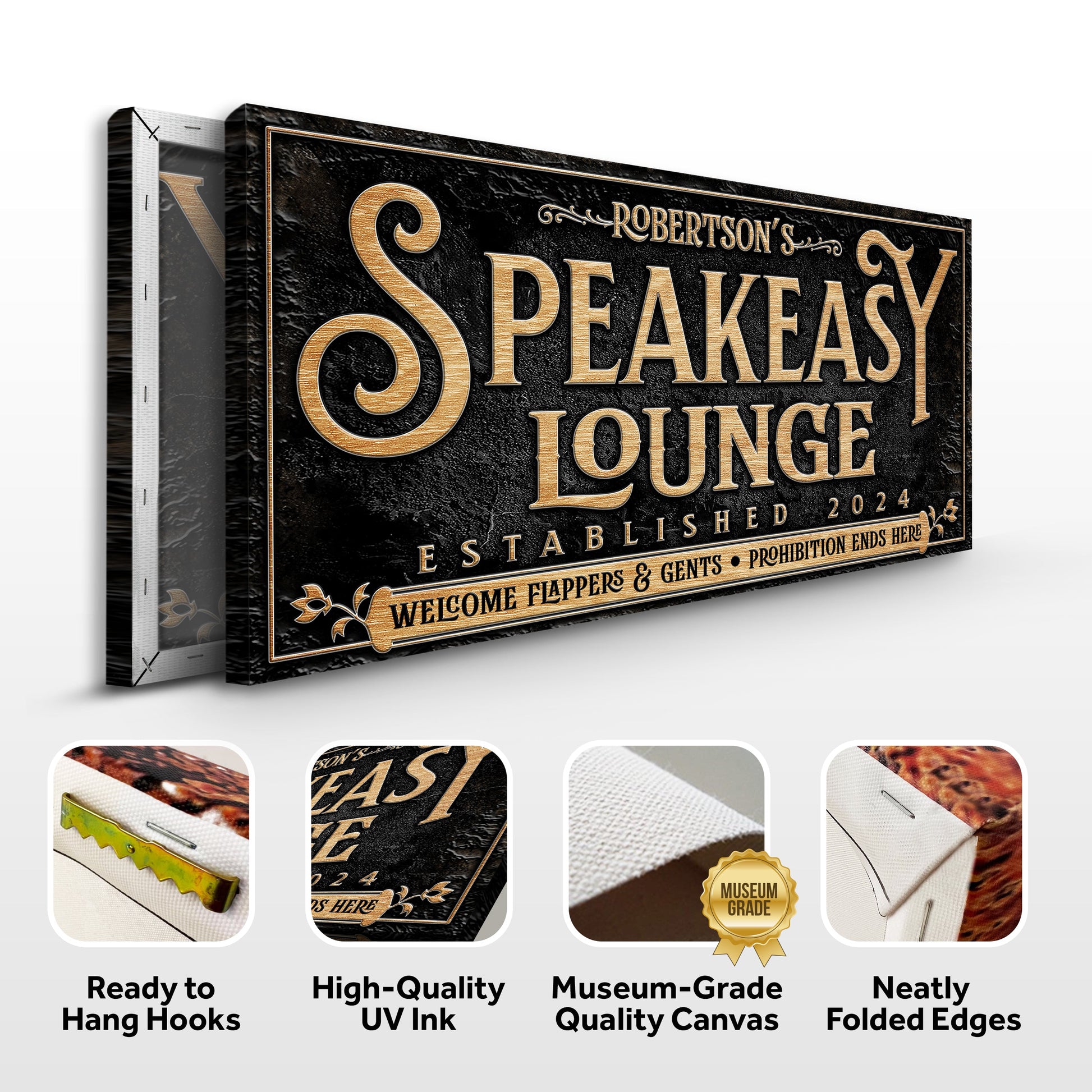 Speakeasy Personalized Bar Sign II canvas by Tailored Canvases with gold lettering on black on Tampa Home & Garden Store
