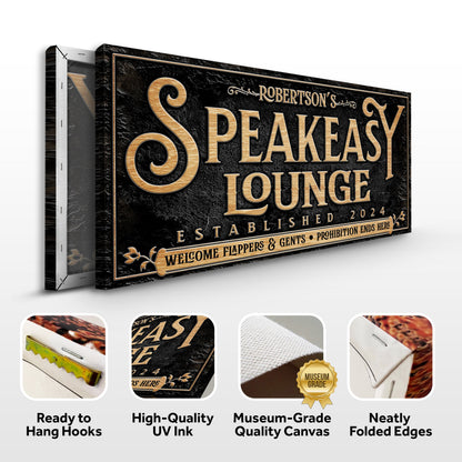 Speakeasy Personalized Bar Sign II canvas by Tailored Canvases with gold lettering on black on Tampa Home & Garden Store