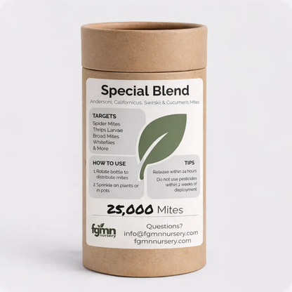 Predatory Mite Mix Treatment bottle brown container with green leaf label FGMN Nursery on Tampa Home & Garden Store
