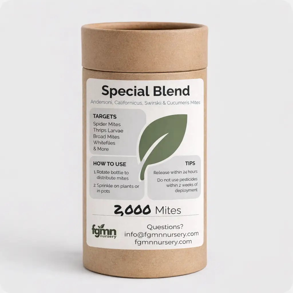 Predatory Mite Mix Treatment bottle, FGMN Nursery Special Blend with 3000 mites on Tampa Home & Garden Store