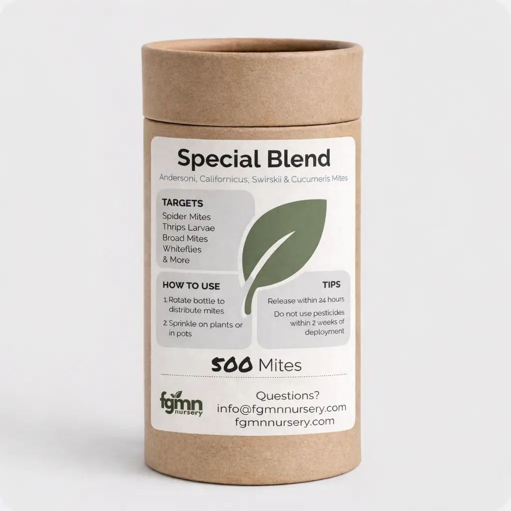 Predatory Mite Mix Treatment bottle, brown bottle with white label, 500 Mites, FGMN Nursery on Tampa Home & Garden Store