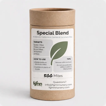 Predatory Mite Mix Treatment bottle, brown bottle with white label, 500 Mites, FGMN Nursery on Tampa Home & Garden Store