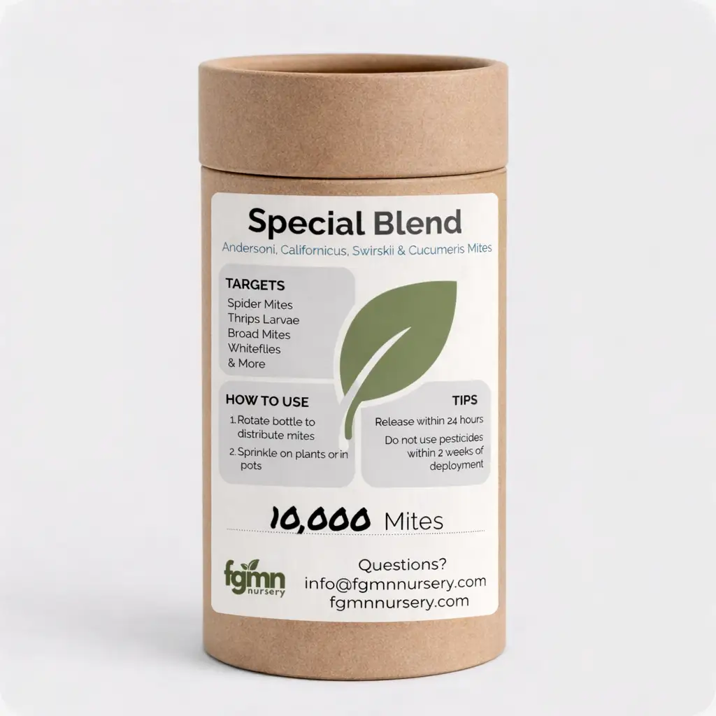 Predatory Mite Mix Treatment bottle with Special Blend label and green leaf by FGMN Nursery on Tampa Home & Garden Store