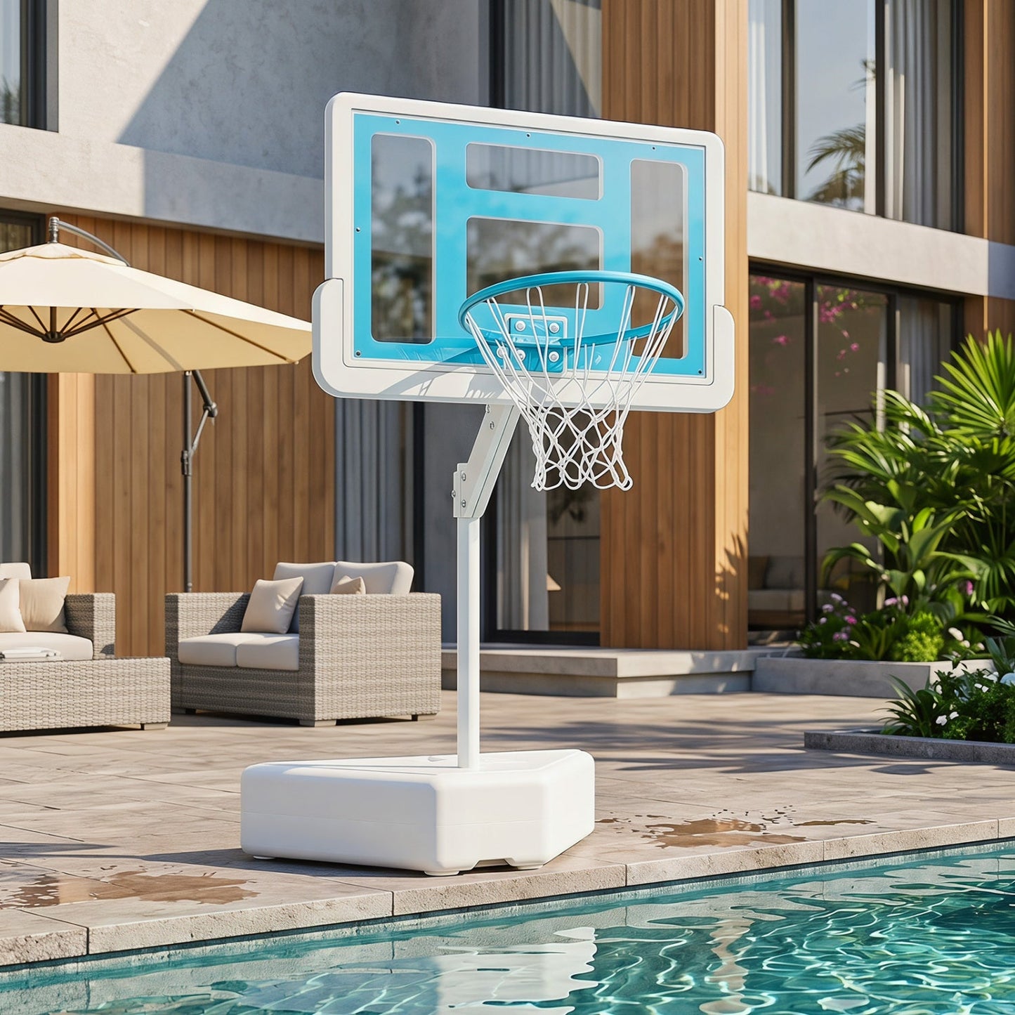 Pool basketball hoop by DirectDeals with adjustable height and blue backboard near patio on Tampa Home & Garden Store