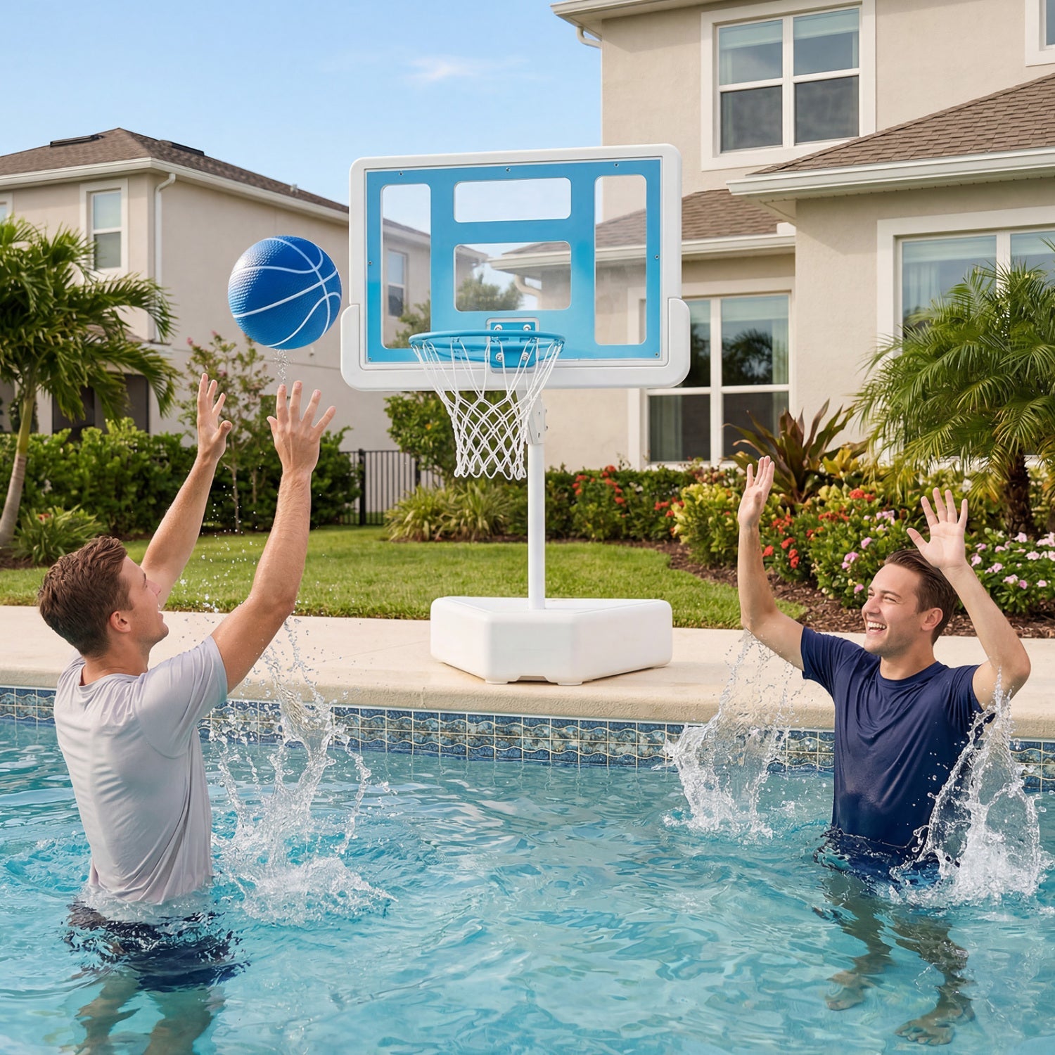 Pool basketball hoop DirectDeals with blue backboard in a backyard pool scene on Tampa Home & Garden Store