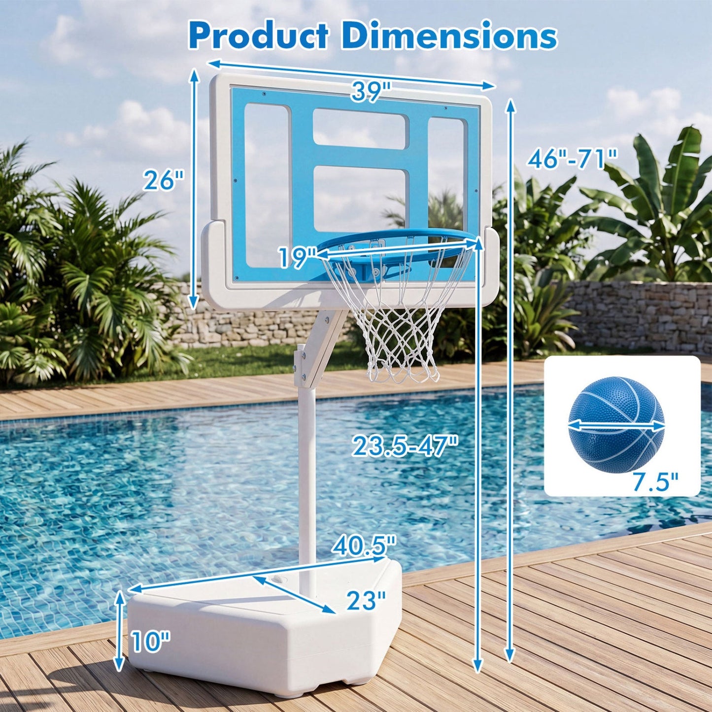 Pool Basketball Hoop with Adjustable Height by DirectDeals, includes 2 balls and backboard on Tampa Home & Garden Store