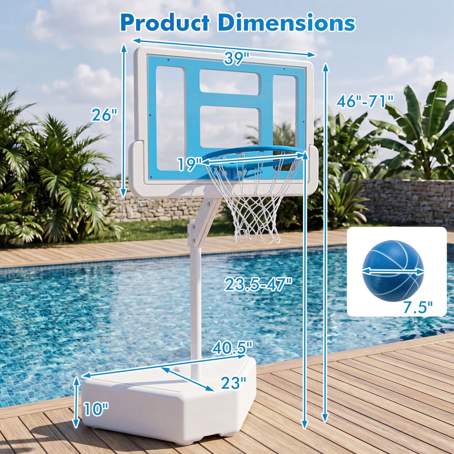 Pool Basketball Hoop with Adjustable Height by DirectDeals, includes 2 balls and backboard on Tampa Home & Garden Store