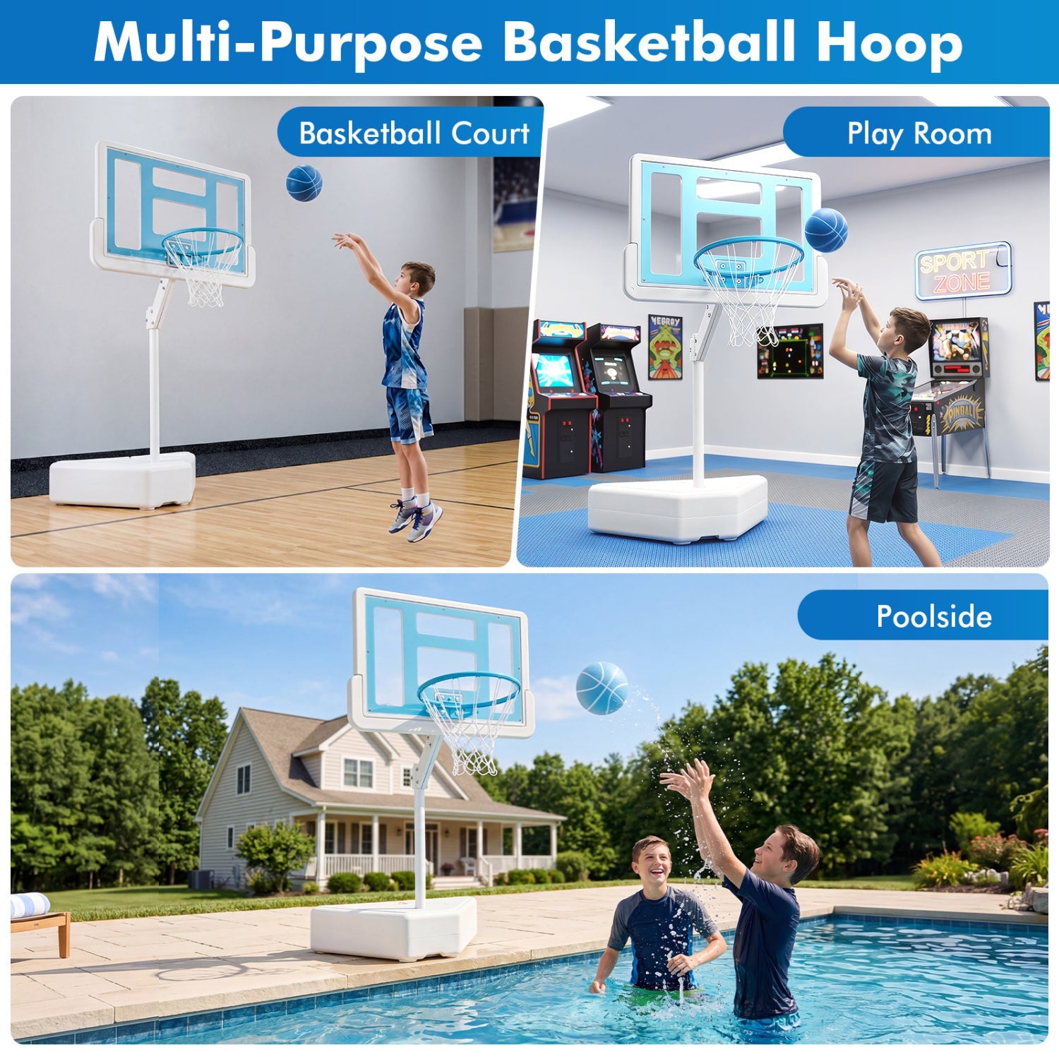 Pool Basketball Hoop DirectDeals with adjustable height and 2 balls, base, blue backboard on Tampa Home & Garden Store