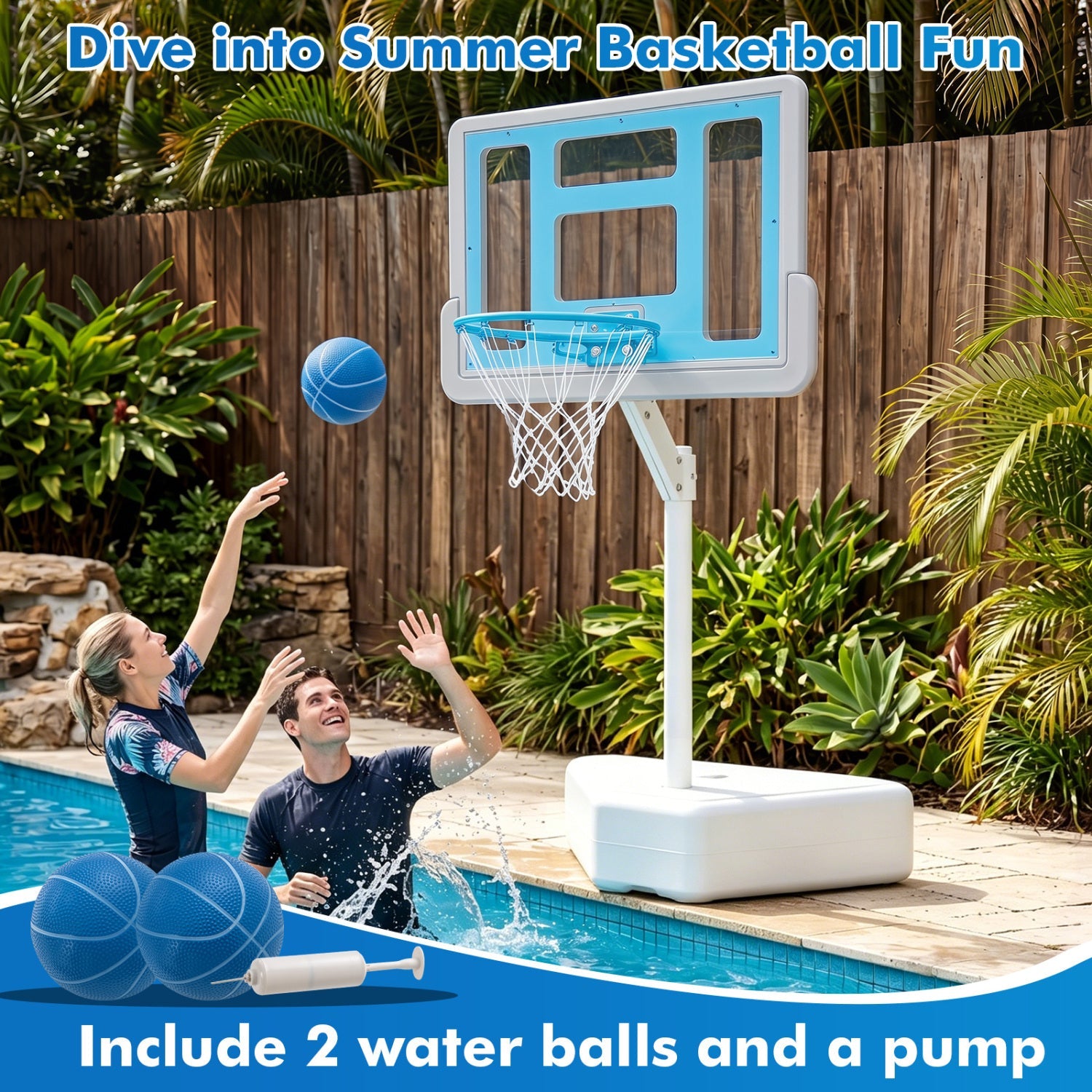 Pool basketball hoop with adjustable height, blue backboard and 2 blue balls DirectDeals on Tampa Home & Garden Store
