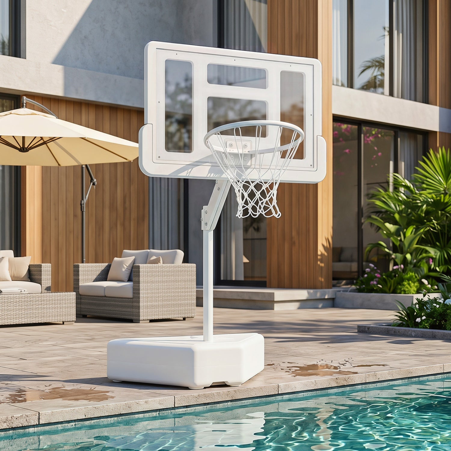 Pool Basketball Hoop DirectDeals adjustable height, white backboard and net, poolside setup on Tampa Home & Garden Store